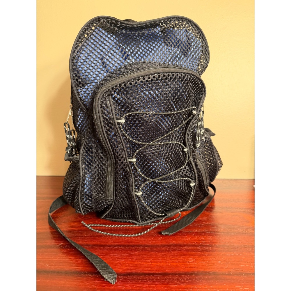 Athletic Works Black Blue Mesh Backpack Bungee Cord Gym Beach Bag